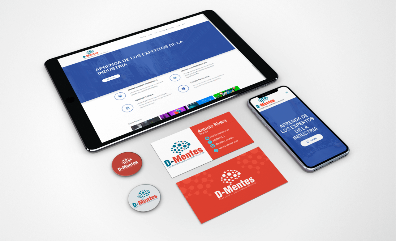 D-Mentes branding visual identity featuring logo, typography, and color palette.