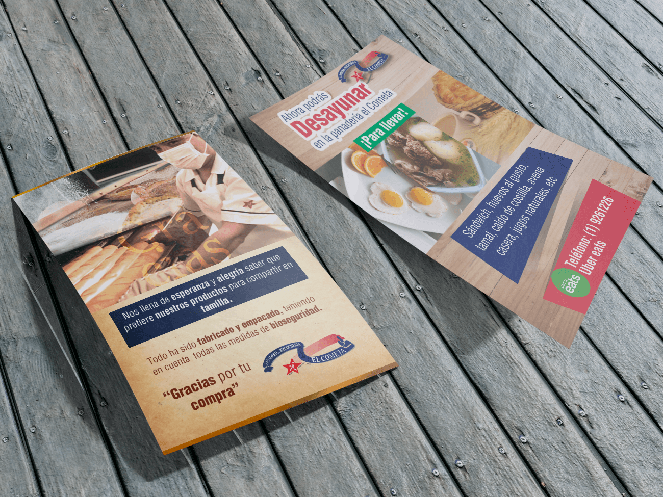 Promotional flyer design for Panadería Bizcochería El Cometa featuring fresh bread and pastries.