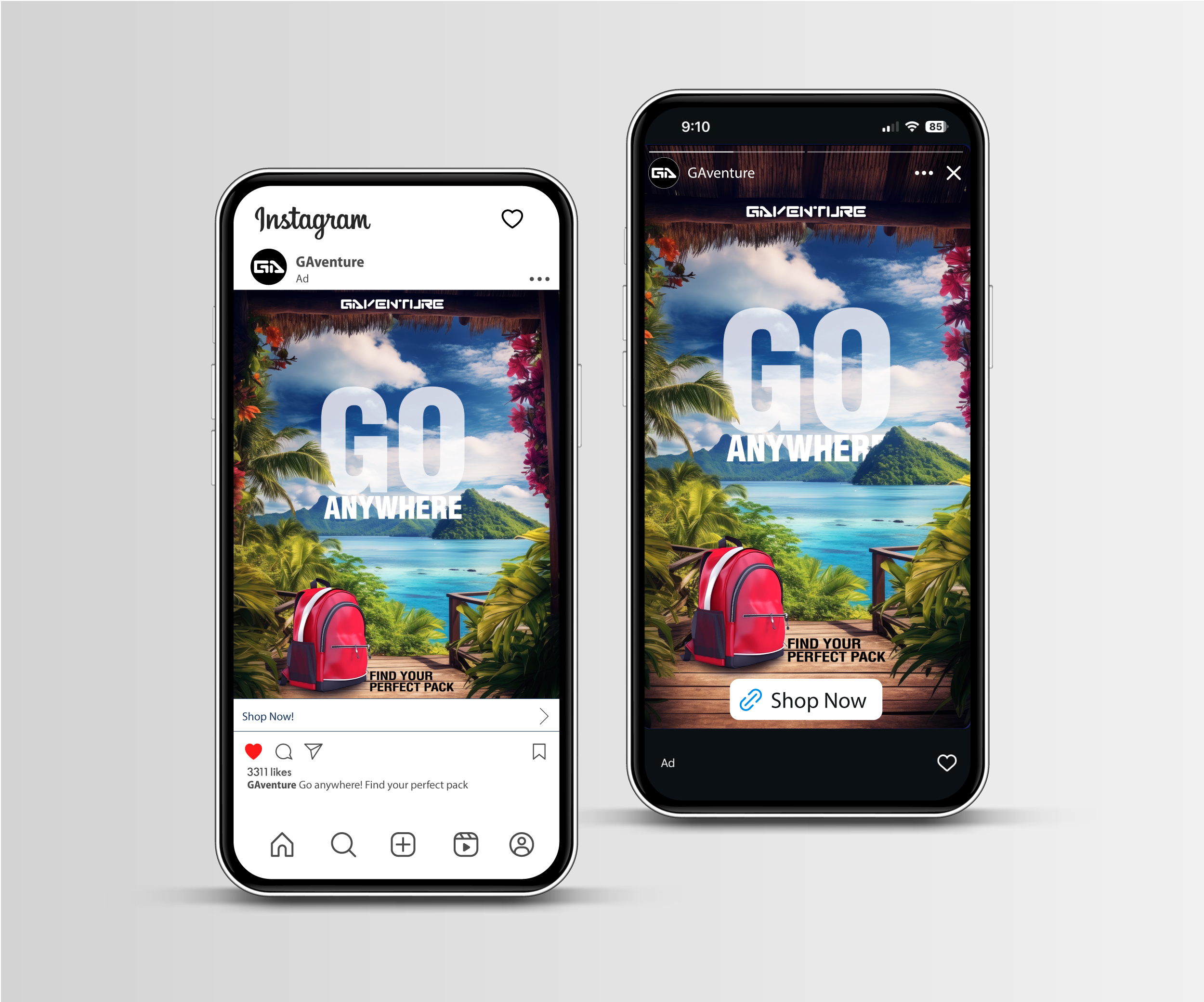 Social media ad design featuring the GAventure Backpack with lifestyle visuals