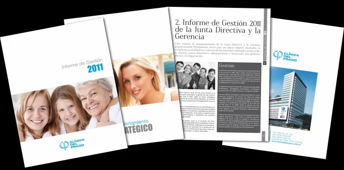 Clínica del Prado Annual Report showcasing editorial design and healthcare statistics.