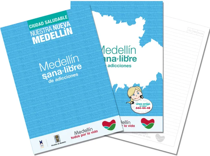 Notebook design for Funlam and Alcaldía de Medellín featuring institutional branding.